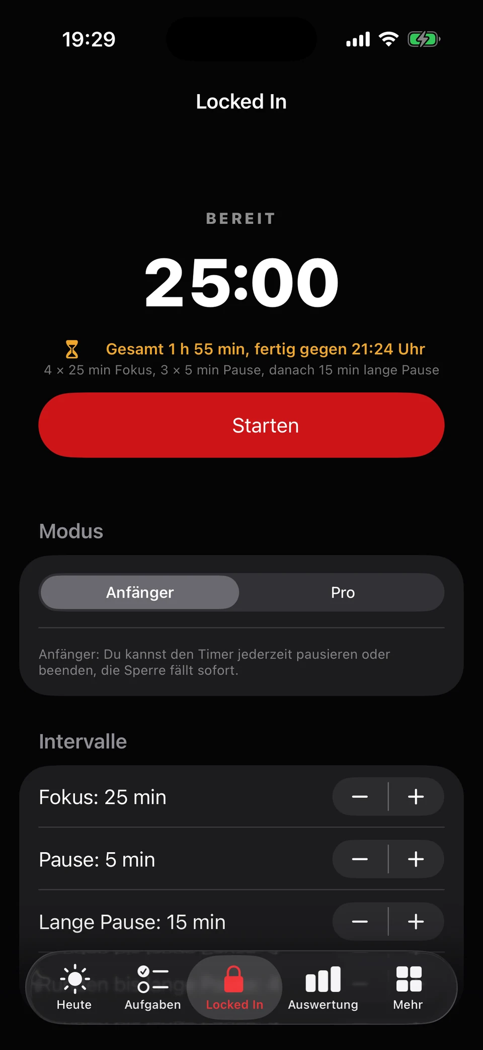 Tab Locked In: Fokus-Timer mit Gesamtdauer, Modus und Intervallen.